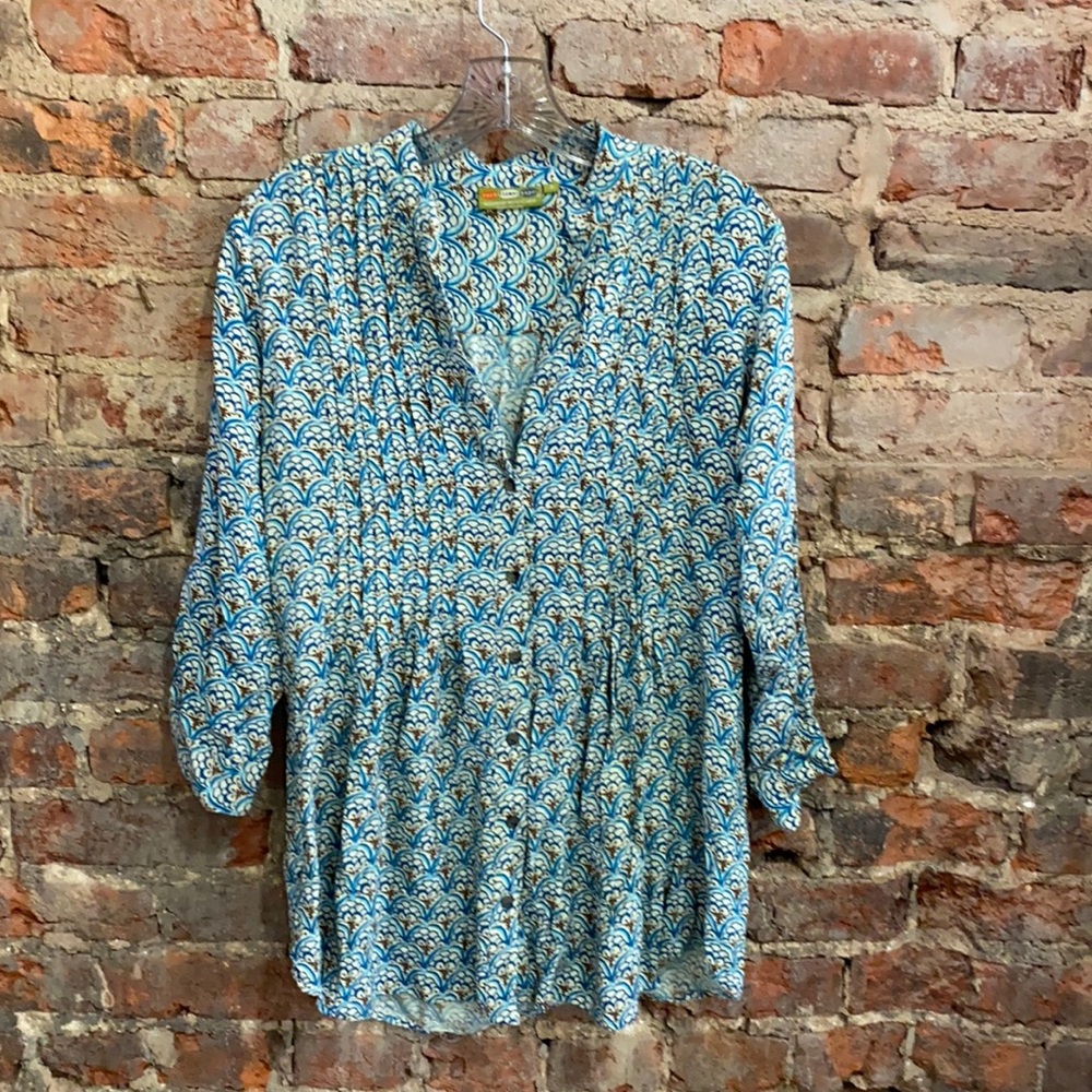 RockFlowerPaper Tunic Top ~ Small EUC ~ Teal Cream Brown Buttondown 3/4 …
